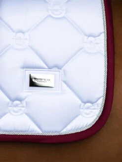 Equestrian Stockholm Dressage Saddle Pad White Perfection Bordeaux -Equestrian Supply Store white bordeaux dressage saddle pad dressyrschabrak dressurschabracke dressuur zadeldekje hov